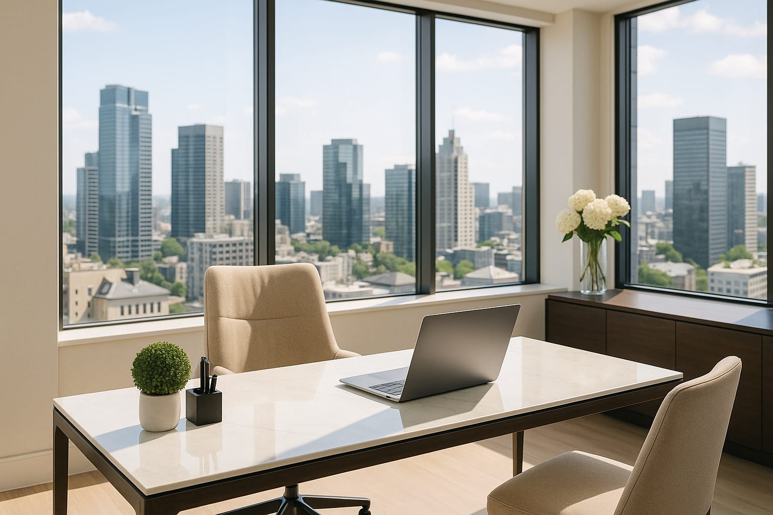 Interior of a chic luxury real estate office overlooking a city skyline through floor-to-ceiling windows.