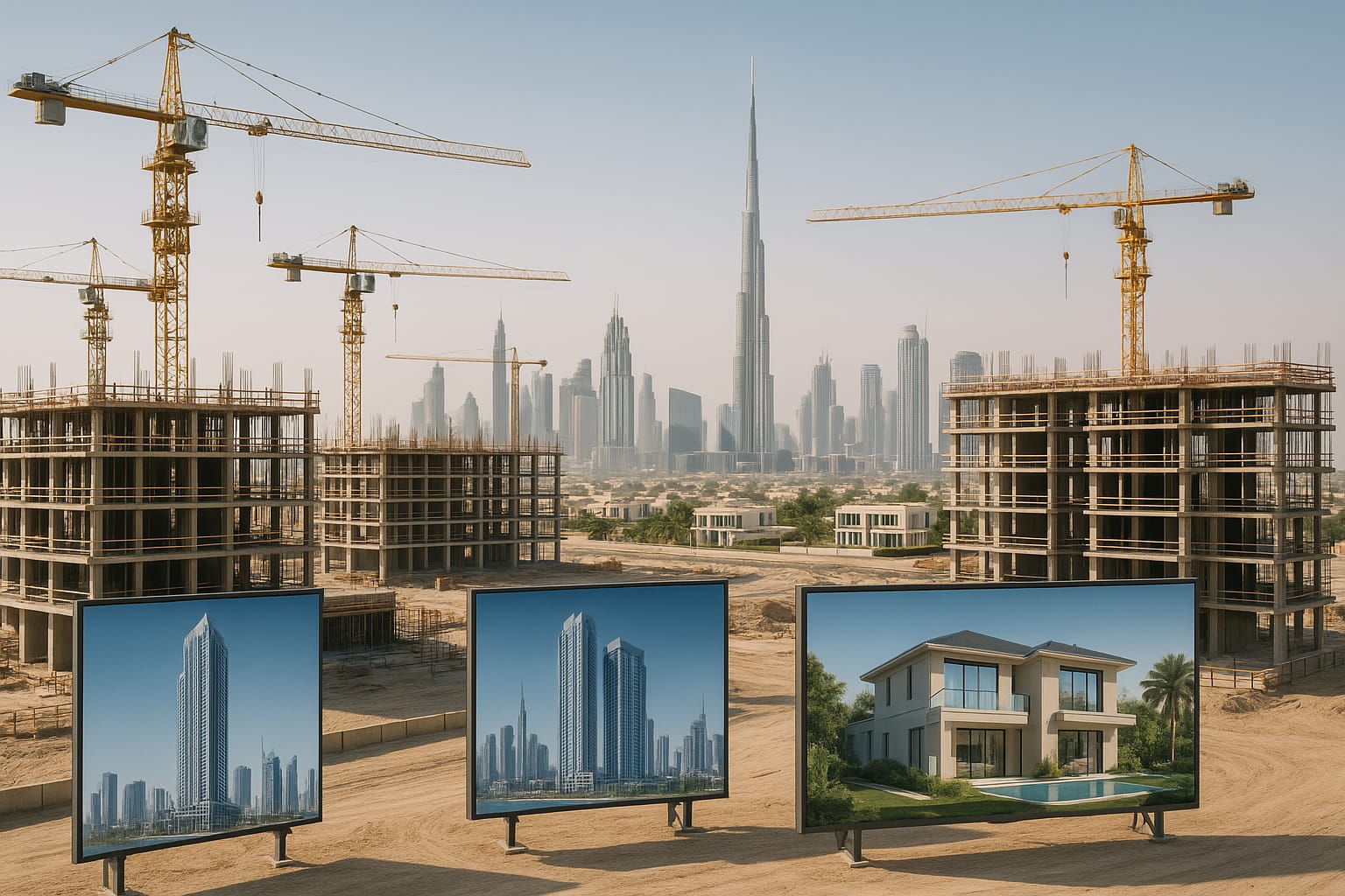 Daytime view of Dubai luxury off-plan construction site with cranes and future building plans