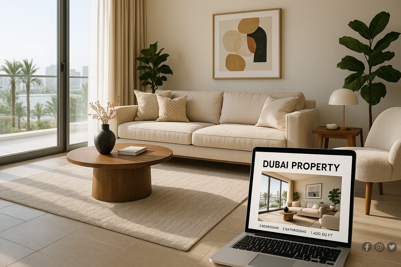 Staged luxury living room with laptop showing online property listing and social media icons.
