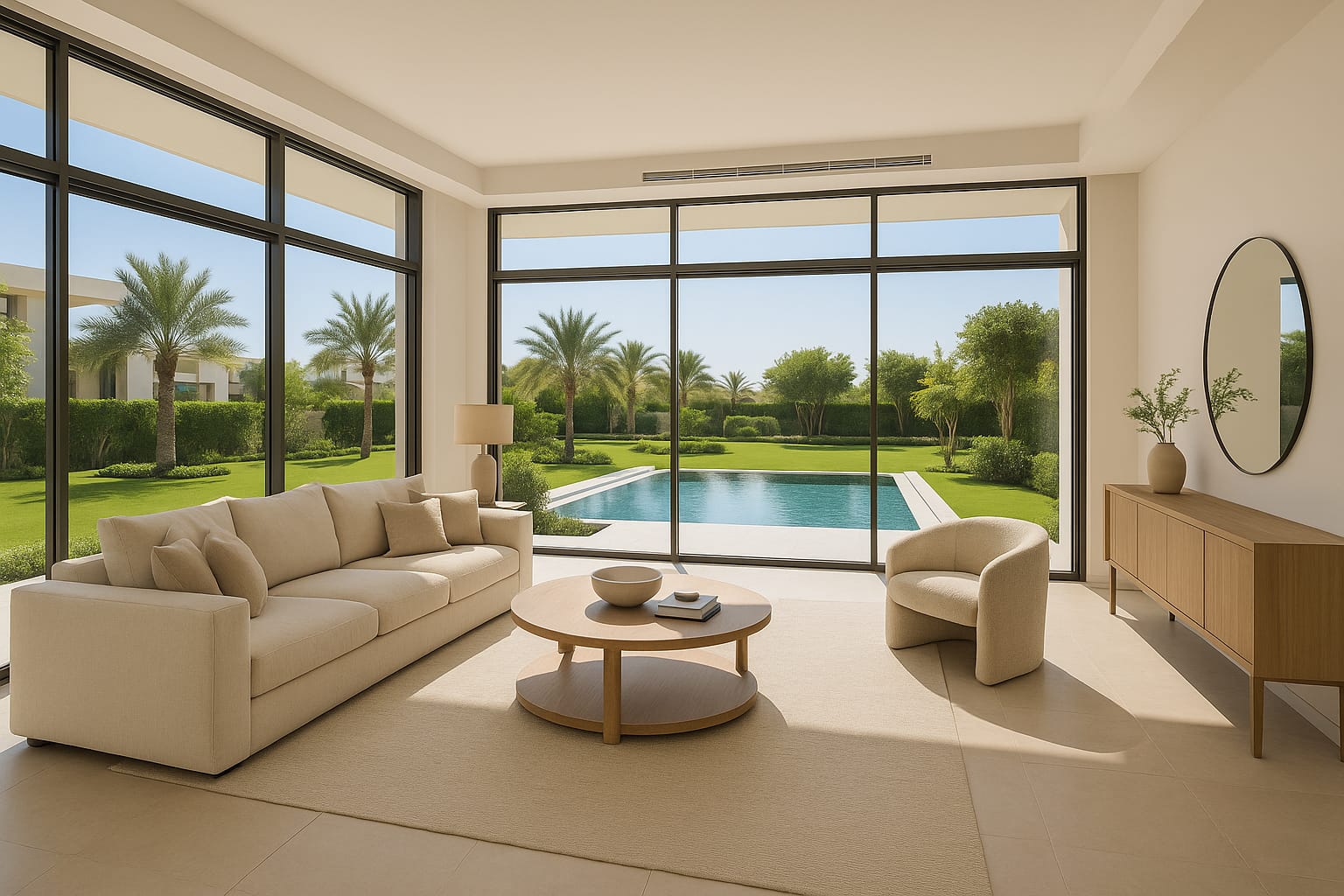 Spacious living room of Dubai luxury villa with garden and private pool outdoors