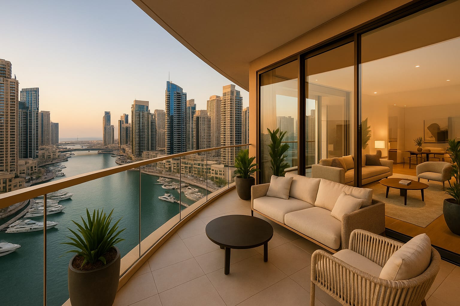 Balcony of a luxury Dubai Marina apartment overlooking the marina and Arabian Gulf at sunset