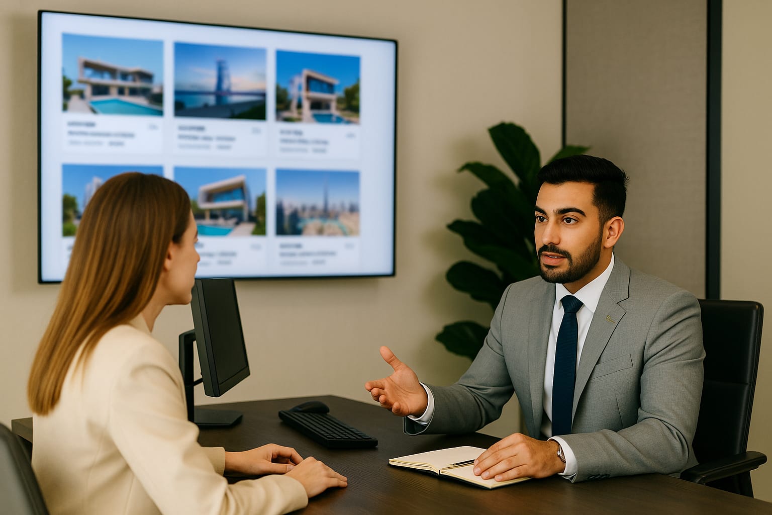 Modern real estate office with broker and client discussing property listings in Dubai.