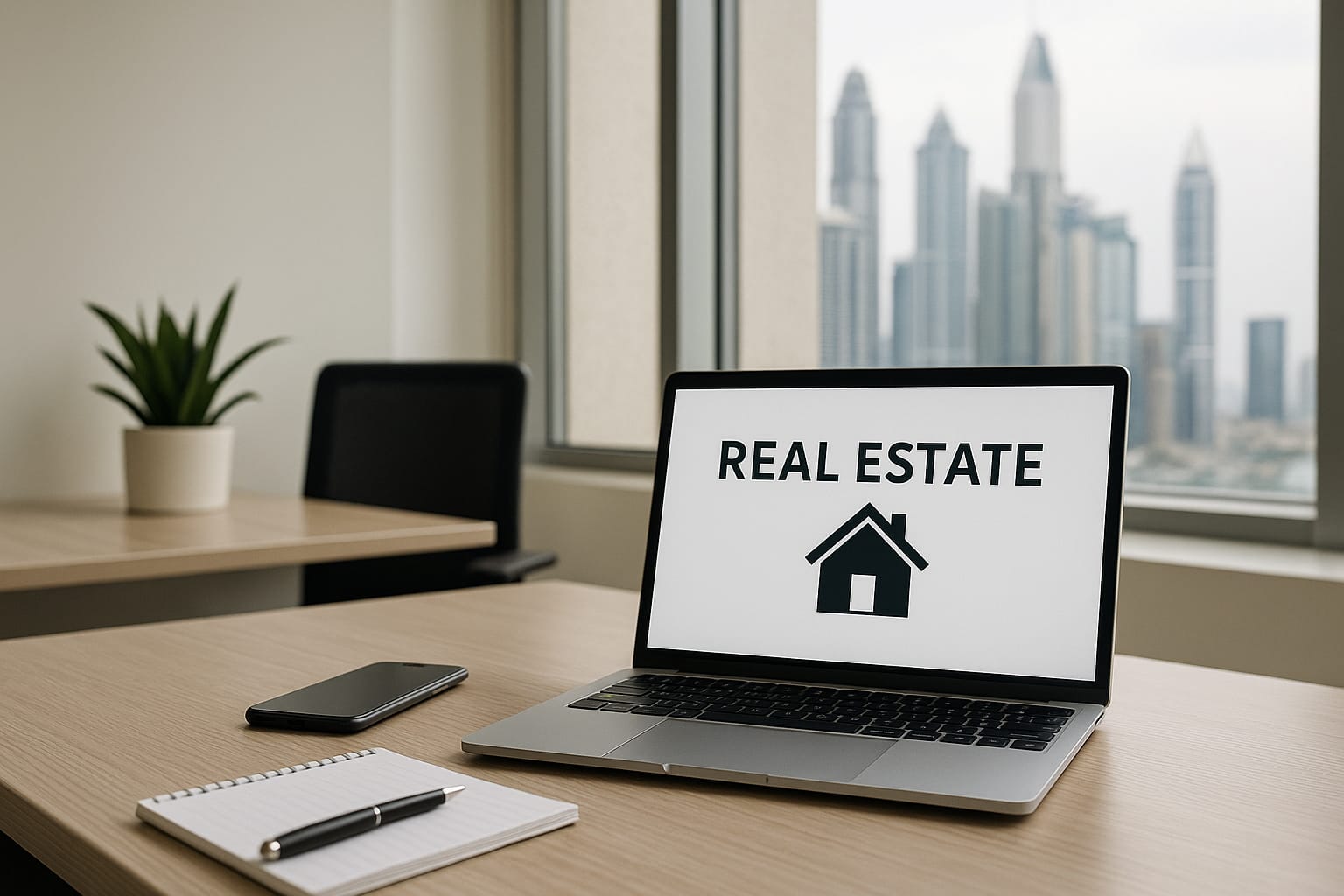 Modern real estate office with desk, laptop, and Dubai Marina skyline visible through window