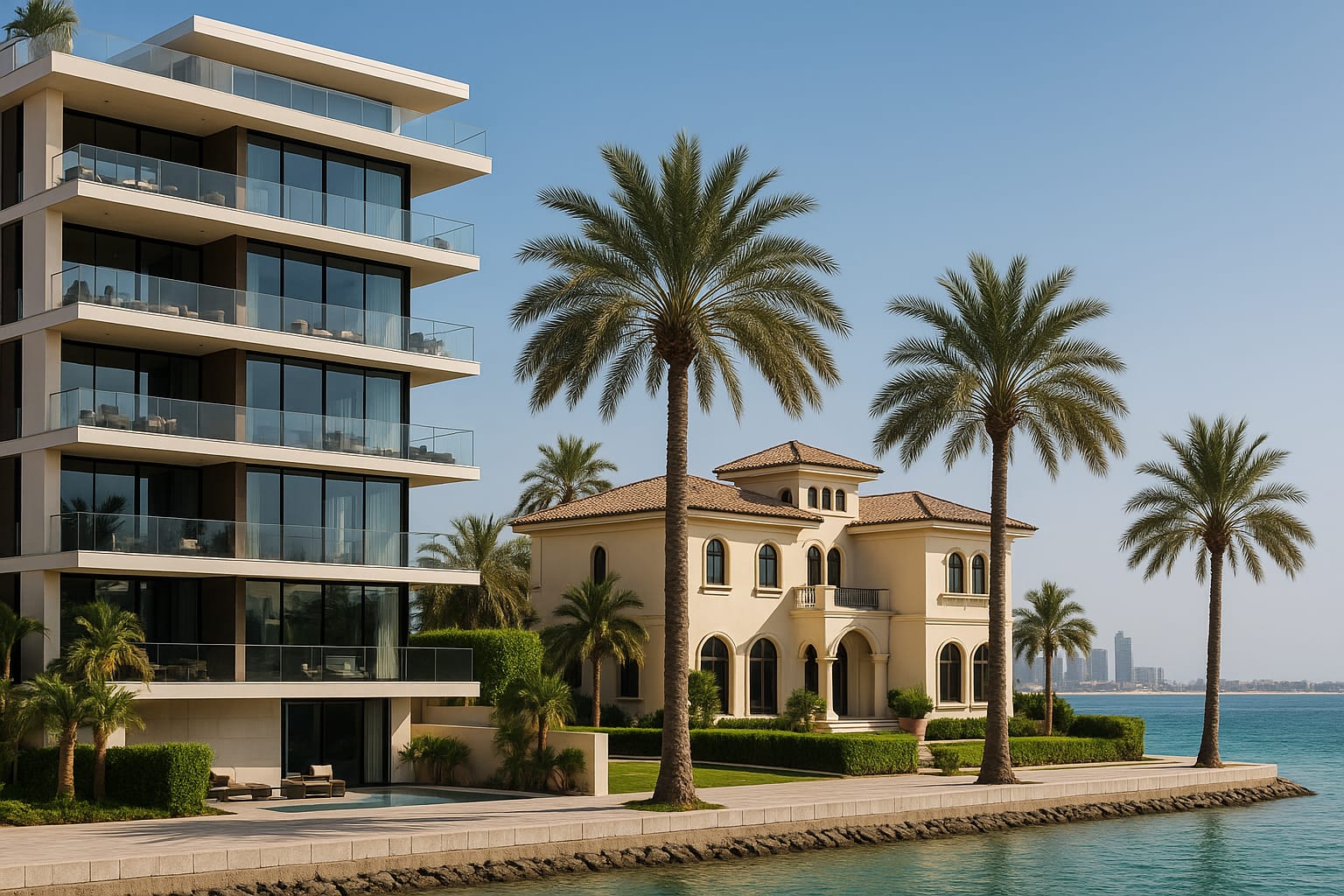 Luxury apartment building and villa with palm trees and waterfront in Dubai upscale area.