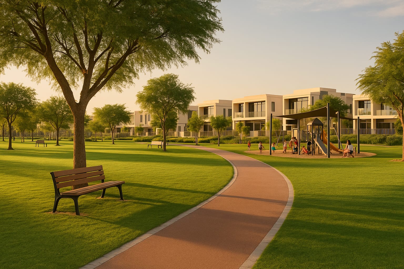 Lush public park with playground, jogging track and modern villas in the background at Dubai Hills Estate