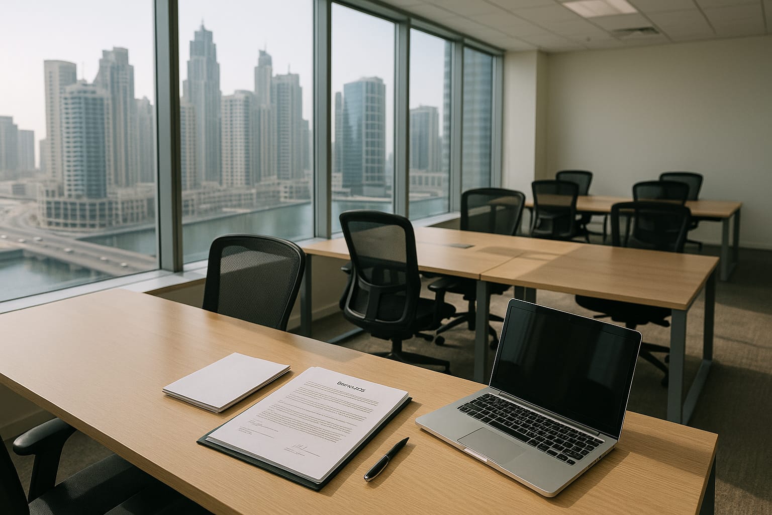 Office interior in Business Bay with flexible layout and paperwork on desk near city views