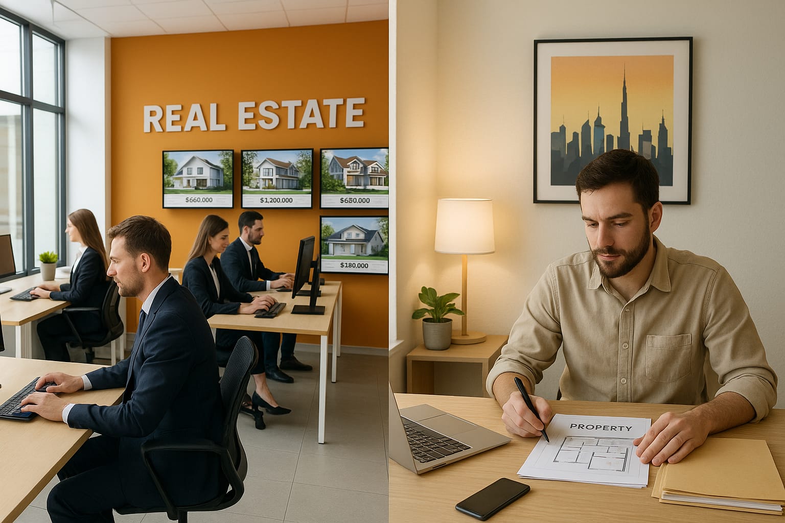 Split scene showing a busy real estate office and a quiet home office for DIY property sale preparations.