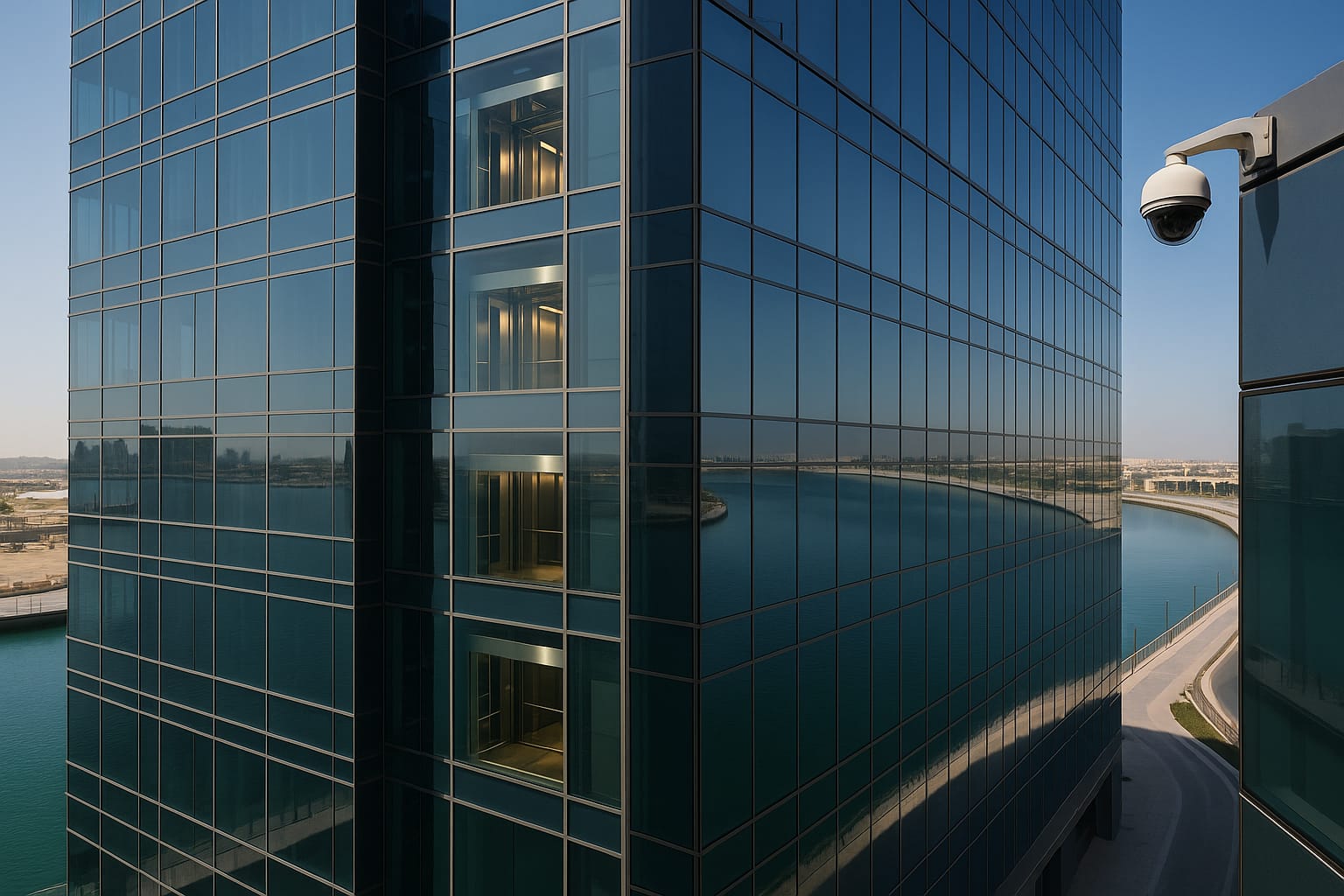 Modern commercial building in Business Bay with glass facades and Dubai Canal views on a sunny day